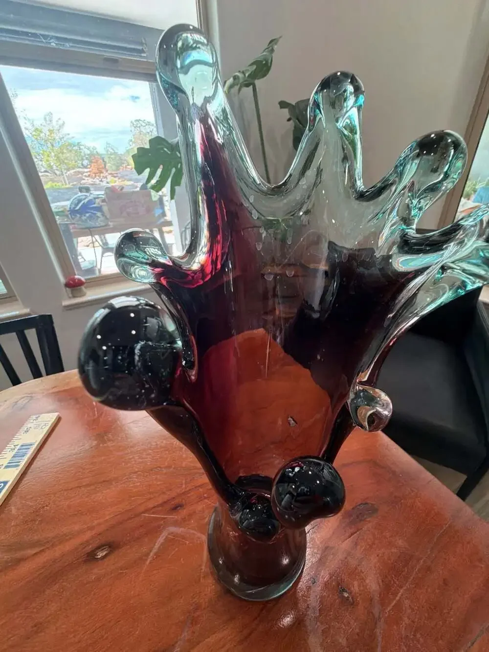 Vintage Murano Art Glass Swung Vase in Turquoise and Amethyst